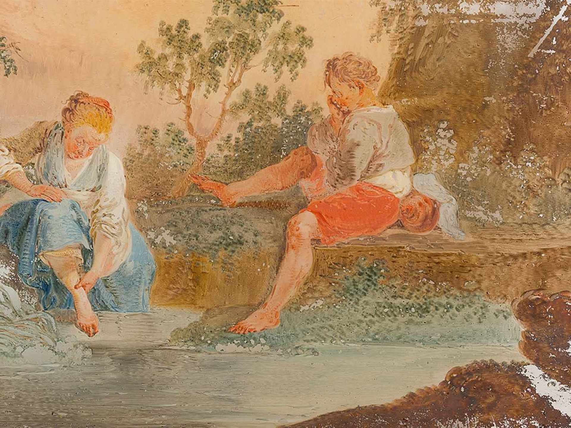 Children By the River, Reverse Glass Painting, French, 18th C. - Bild 5 aus 9