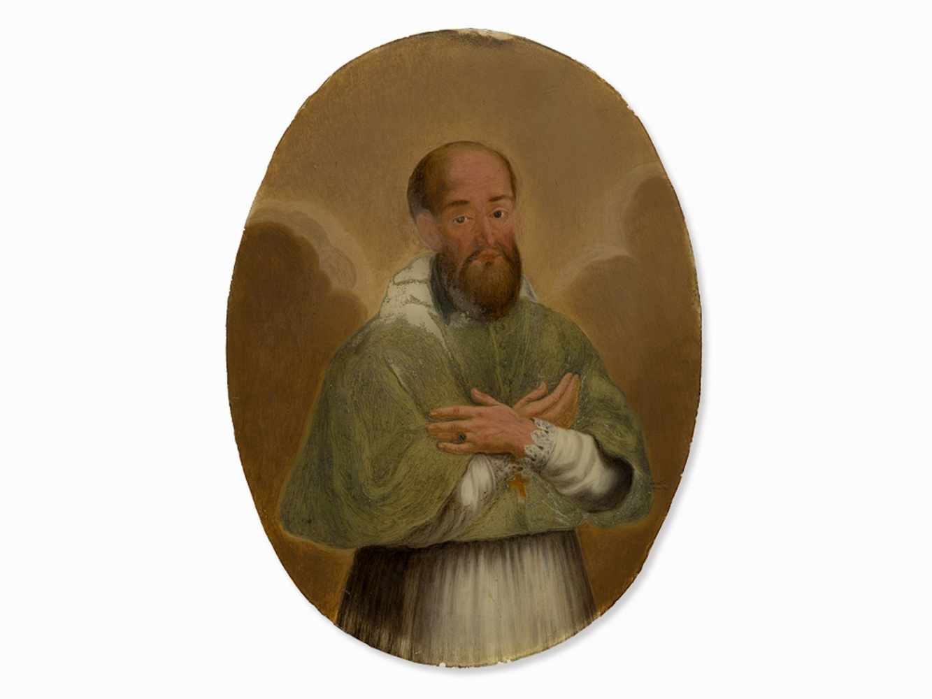 Portrait Church Father, Reverse Glass Painting, Spain, 18th C. - Image 2 of 8