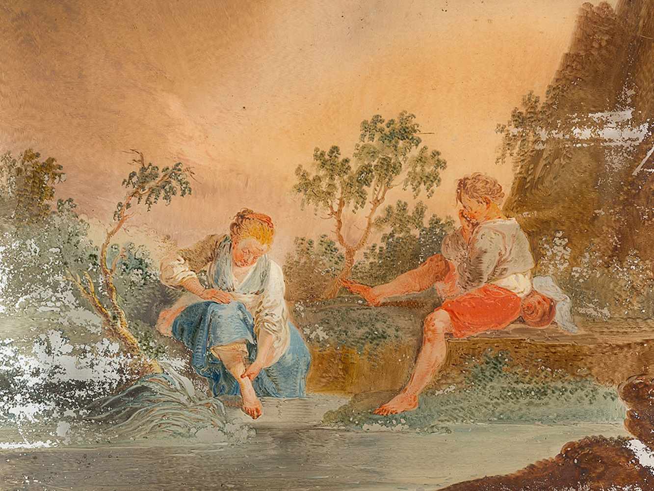 Children By the River, Reverse Glass Painting, French, 18th C. - Image 3 of 9