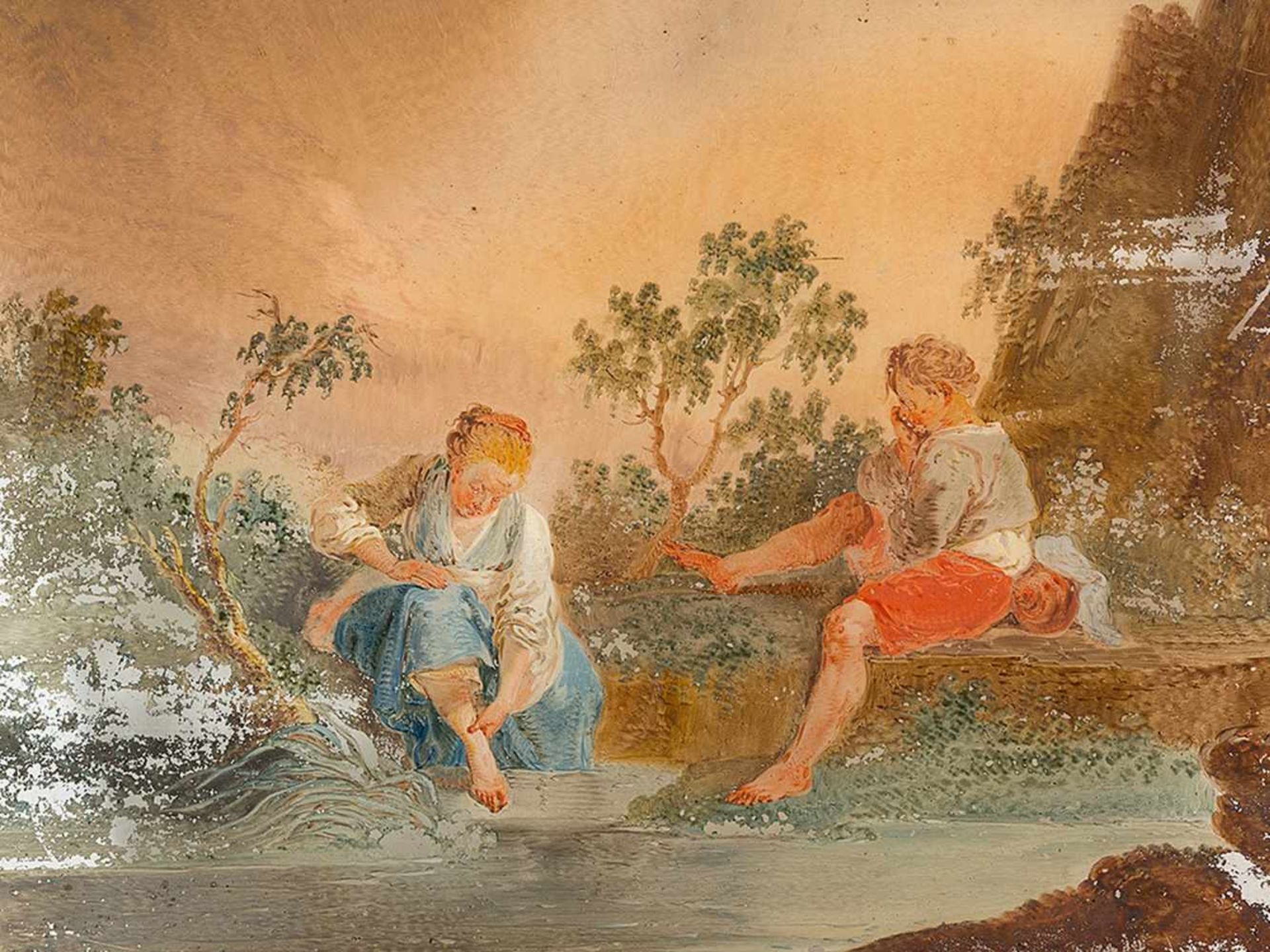 Children By the River, Reverse Glass Painting, French, 18th C. - Bild 3 aus 9