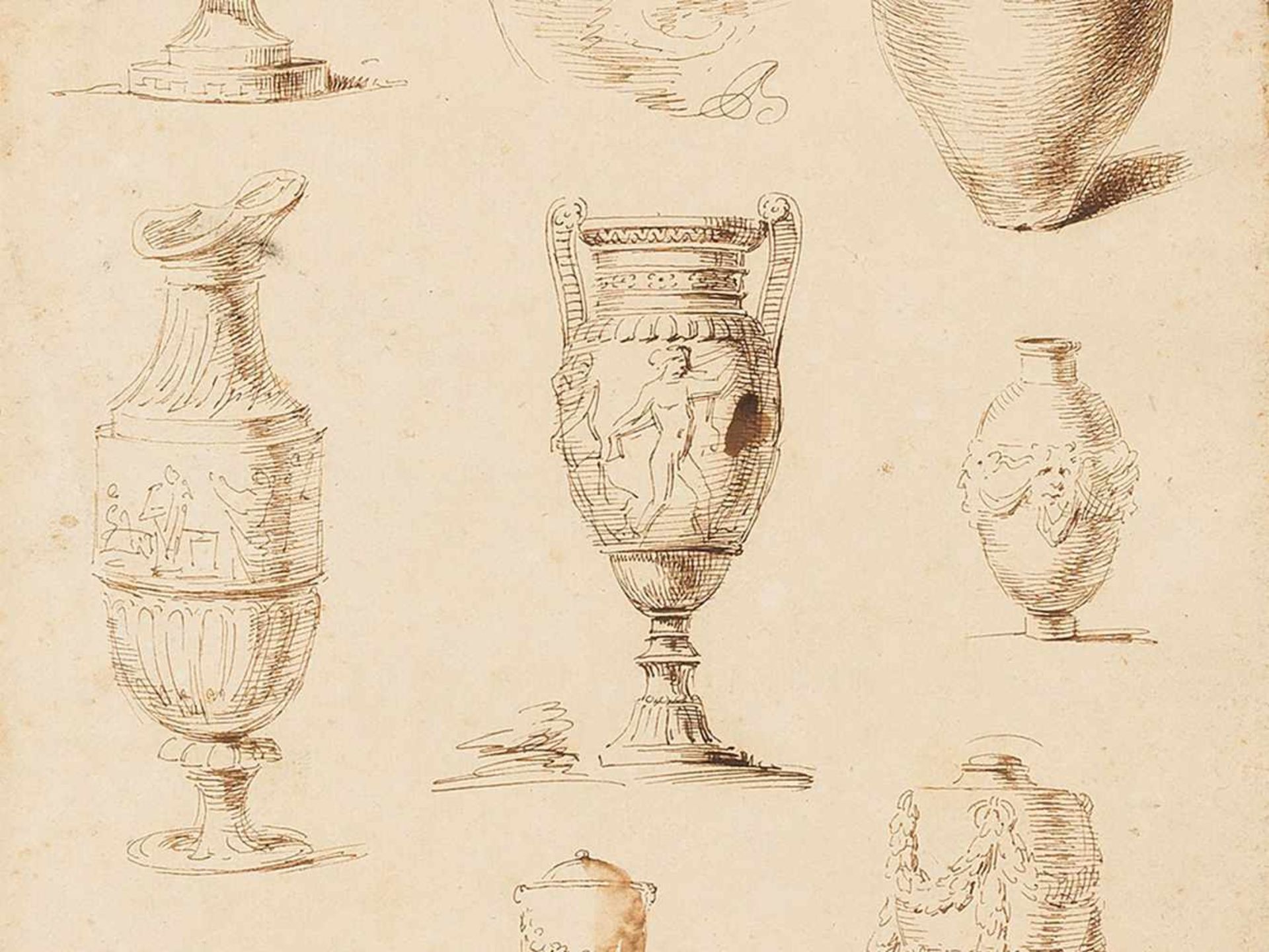 Study with Roman Vases, Pen and Ink Drawing, Italy, c. 1800 - Bild 3 aus 8