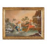 Children By the River, Reverse Glass Painting, French, 18th C.