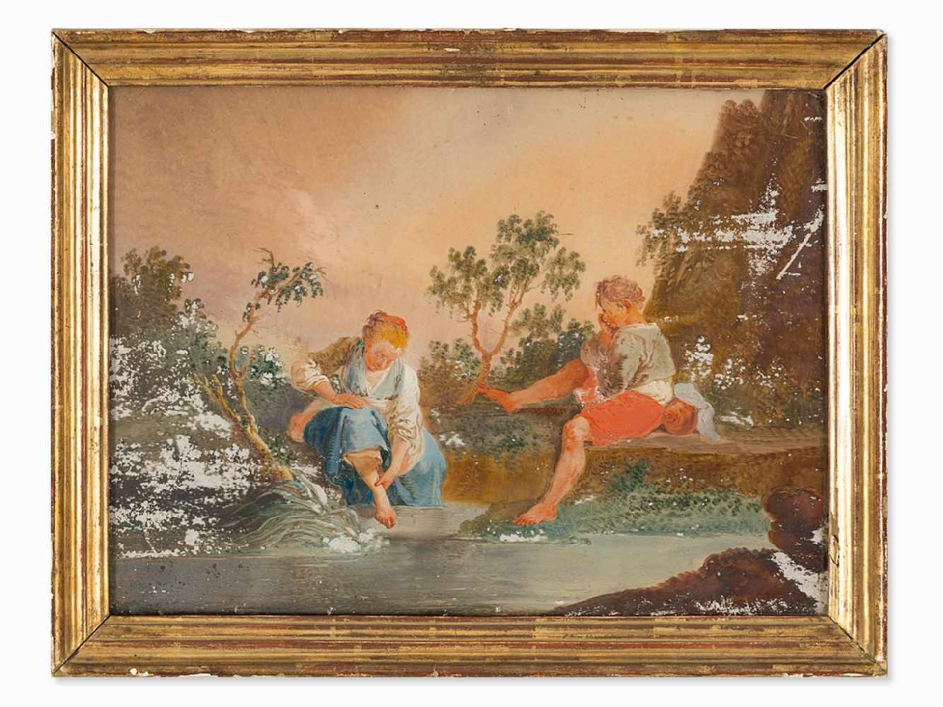 Children By the River, Reverse Glass Painting, French, 18th C.