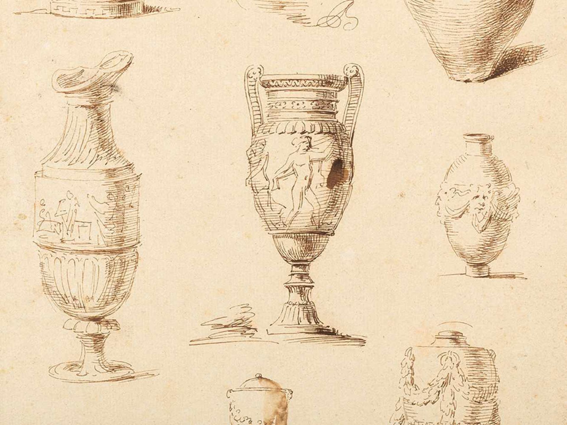 Study with Roman Vases, Pen and Ink Drawing, Italy, c. 1800 - Bild 4 aus 8