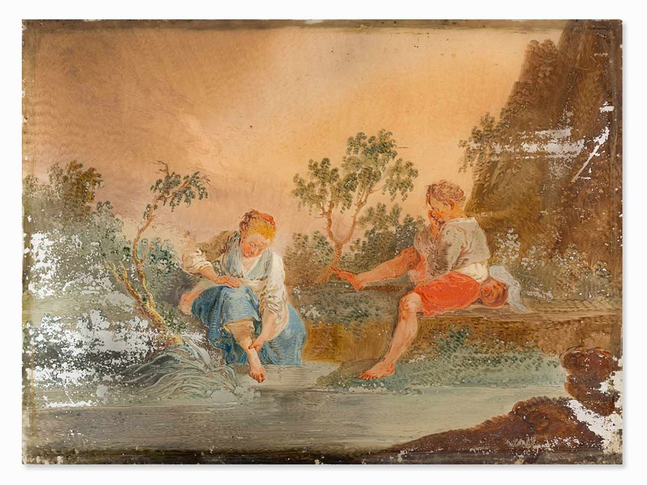 Children By the River, Reverse Glass Painting, French, 18th C. - Image 2 of 9