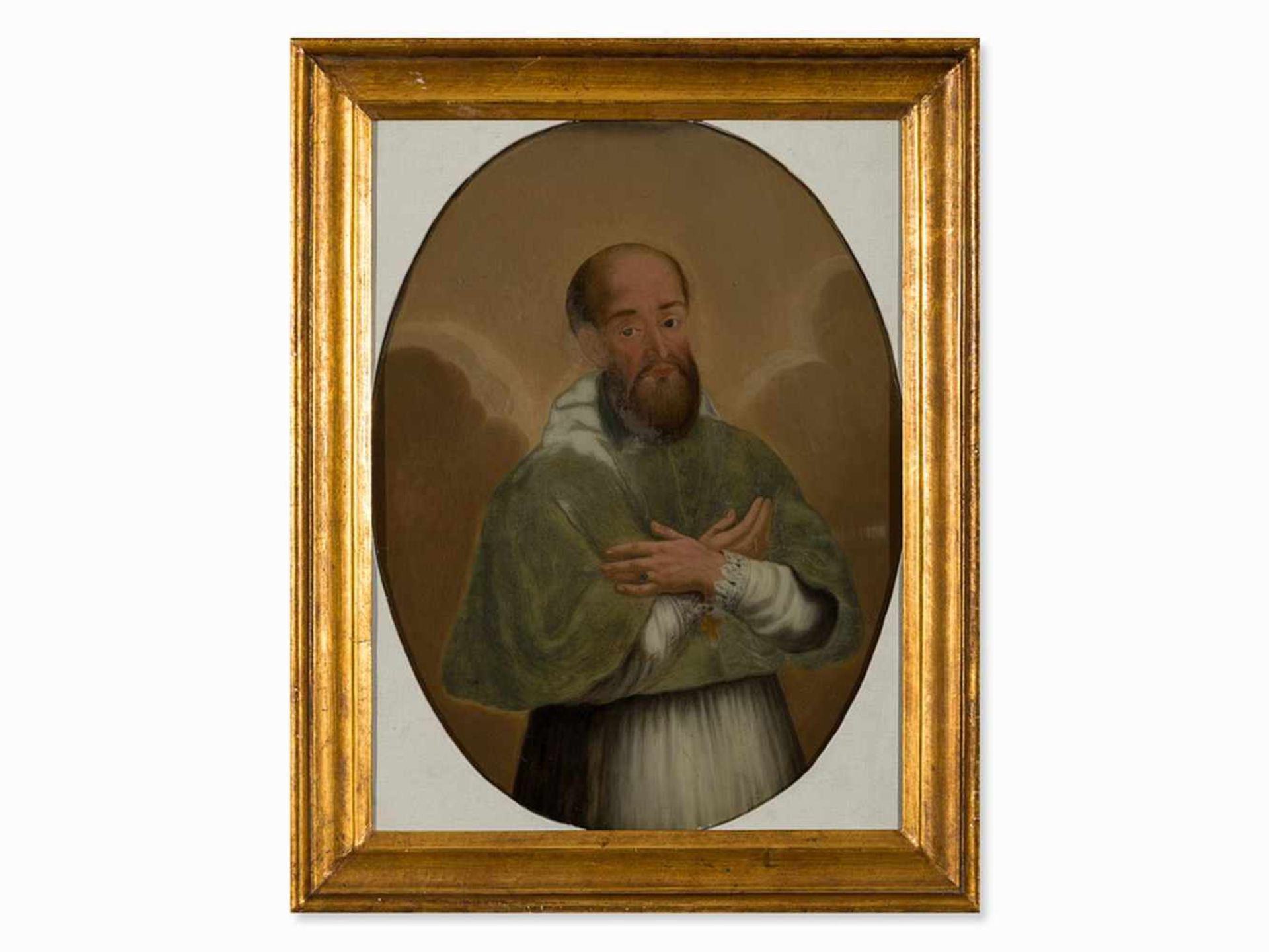 Portrait Church Father, Reverse Glass Painting, Spain, 18th C.