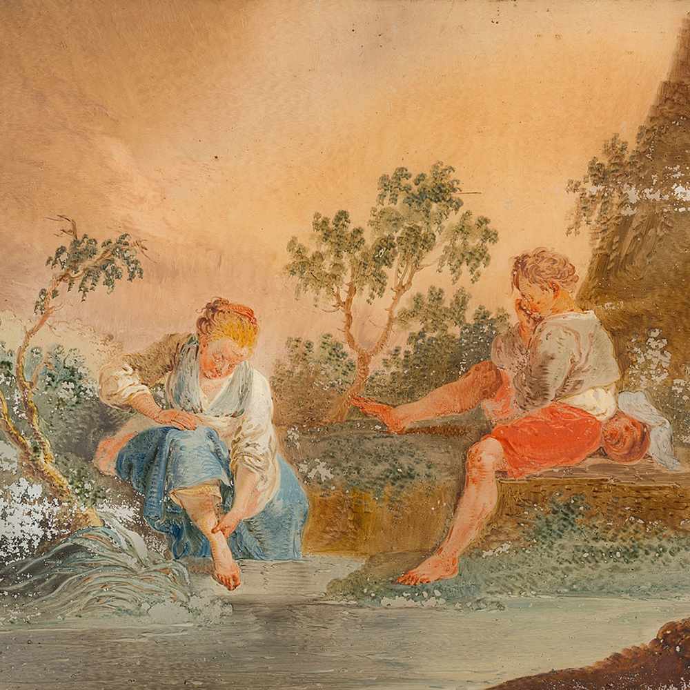 Children By the River, Reverse Glass Painting, French, 18th C. - Image 9 of 9