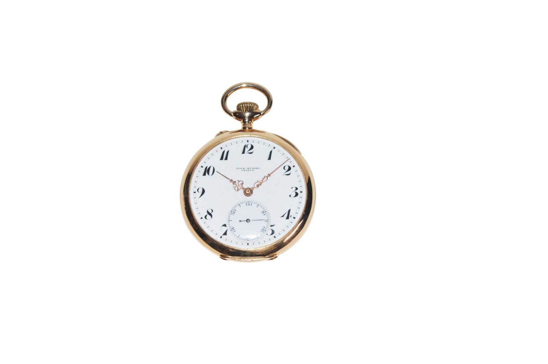 Axel Hüning14K gold Lepine pocket watch from the master Alex Hüning ca 1890, fine Swiss bridge