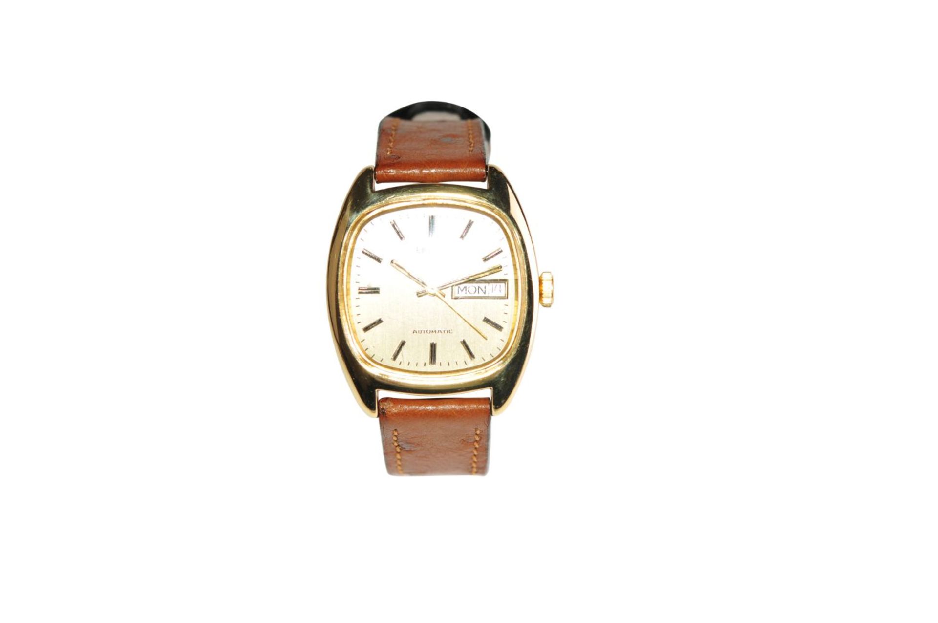 BULOVASwiss gold watch 41 mm x 34 mm 18 Kt solid case automatic day date with leather strap