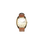 BULOVASwiss gold watch 41 mm x 34 mm 18 Kt solid case automatic day date with leather strap