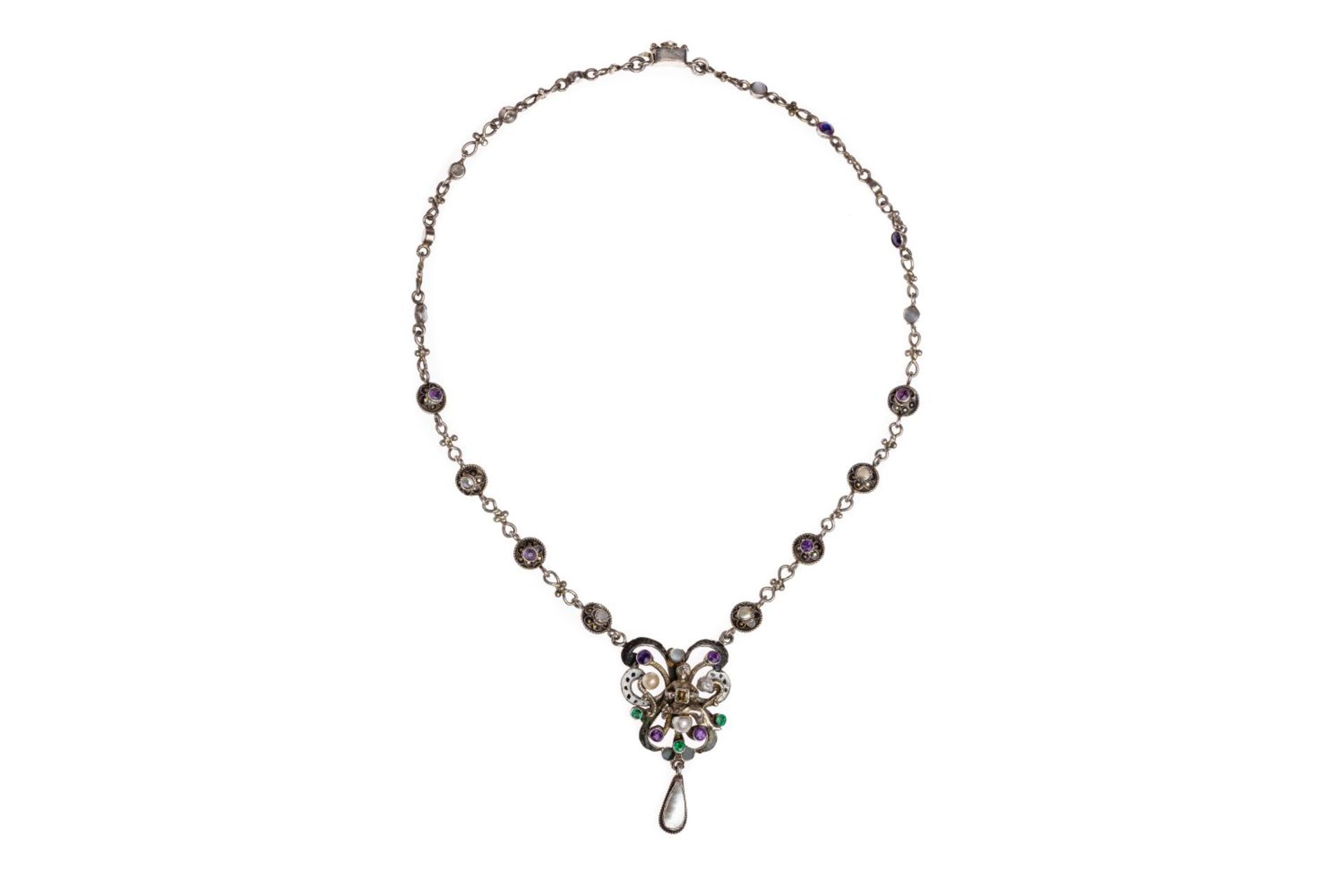 NecklaceNecklace, silver, emeralds and amethysts with pearls and mother of pearls, Historicism,