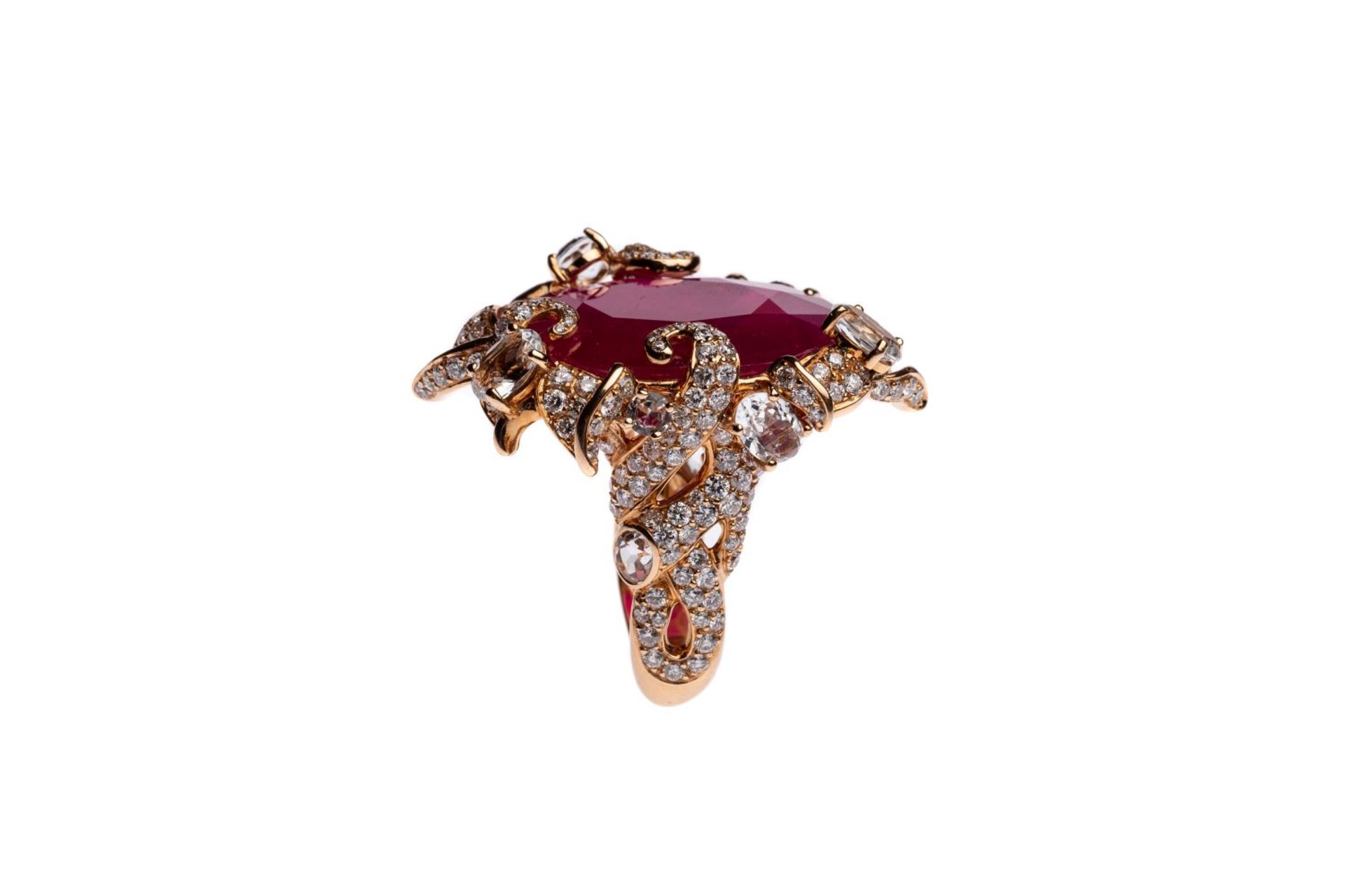 Cocktail ring18Kt rosegold Cocktail ring with diamonds total carat weight approx. 3 ct, one ruby - Bild 5 aus 5