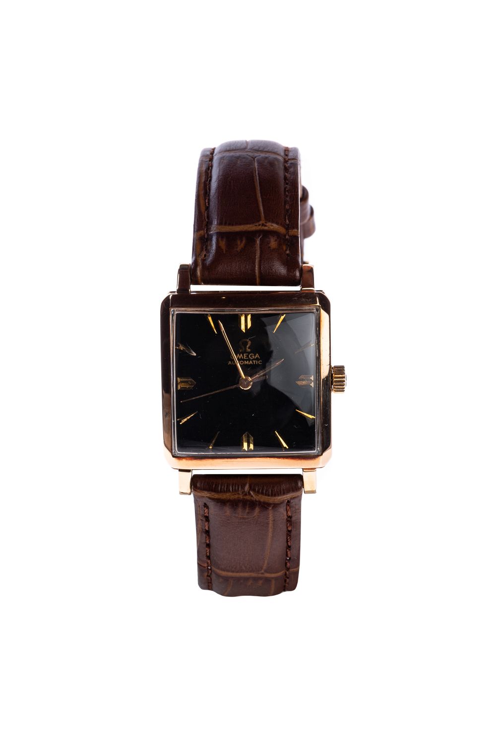 Vintage Omega in red gold60s vintage Omega with 18kt gold case, the black painted dial is with