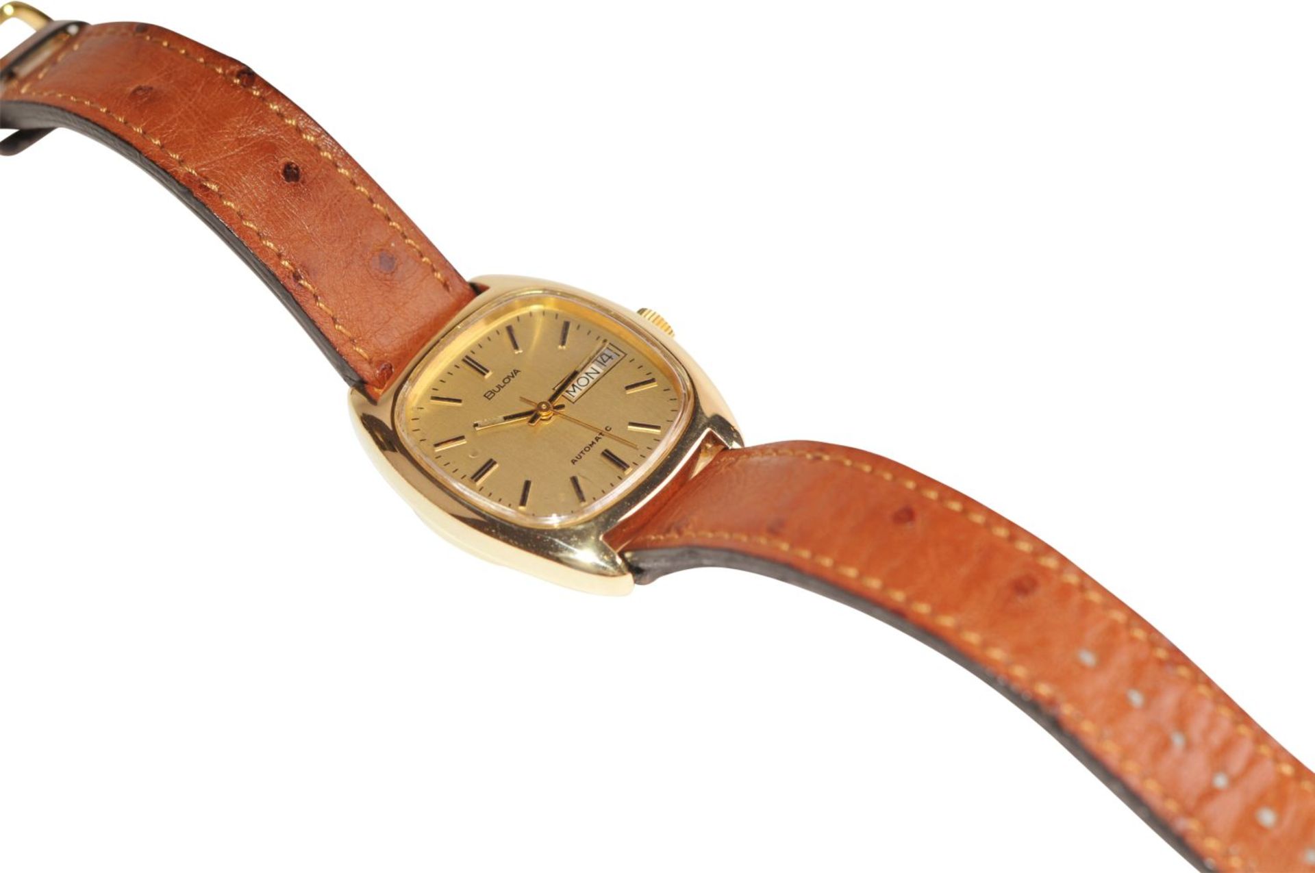 BULOVASwiss gold watch 41 mm x 34 mm 18 Kt solid case automatic day date with leather strap - Image 3 of 3