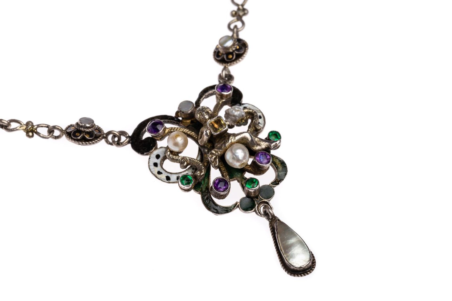 NecklaceNecklace, silver, emeralds and amethysts with pearls and mother of pearls, Historicism, - Bild 2 aus 2