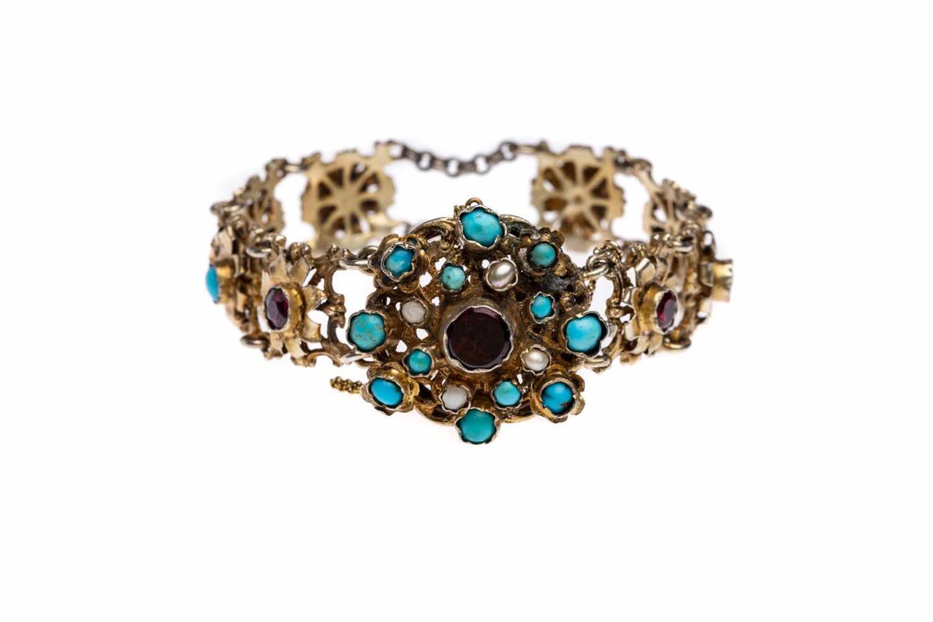 BraceletBracelt, silver, gold plated, treated Turquoise and Garnet "Neorenaissance Austria-