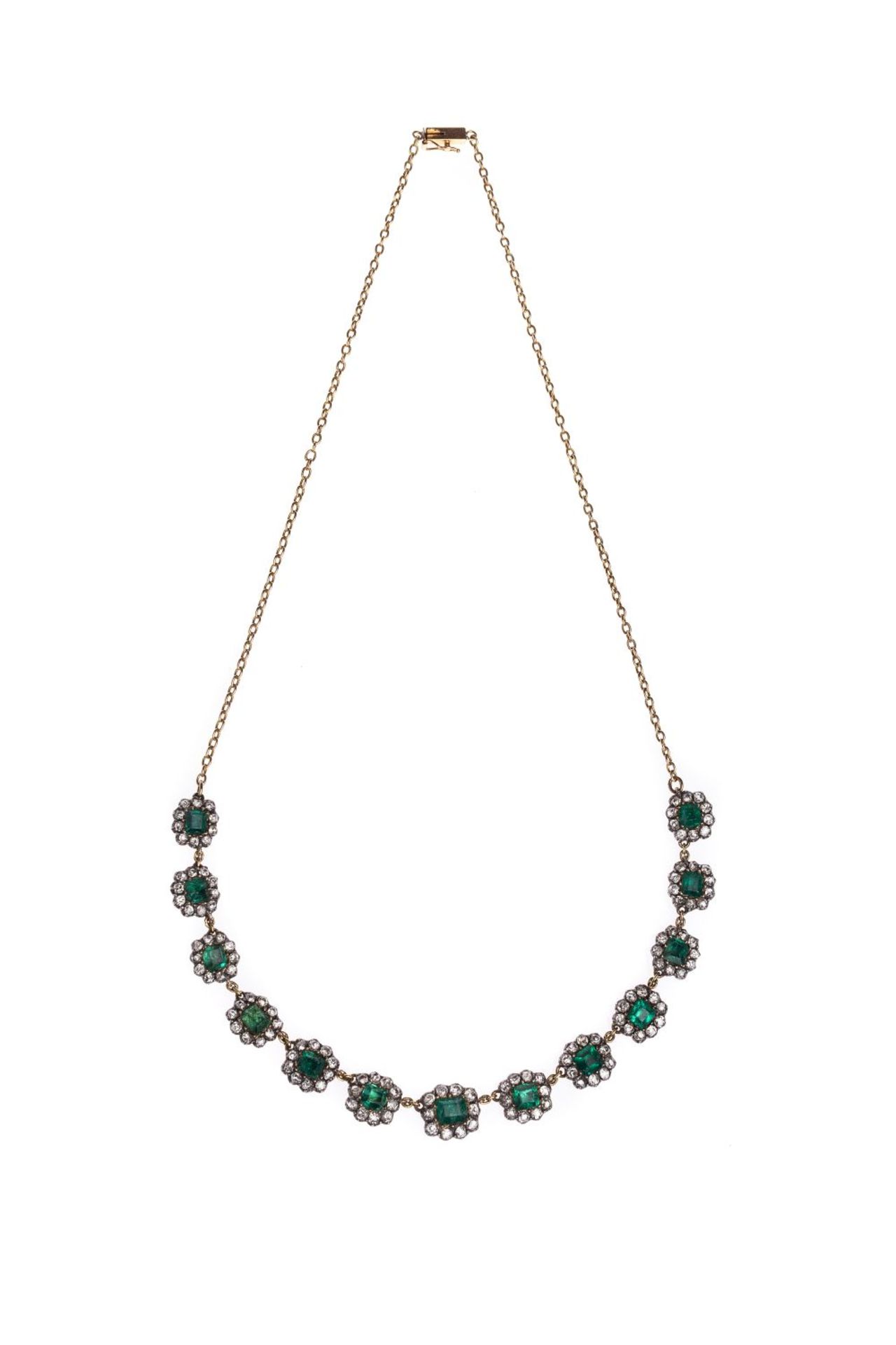 NecklaceNecklace, with old cut diamonds total carat weight approx. 7 ct, and emerald imitations,