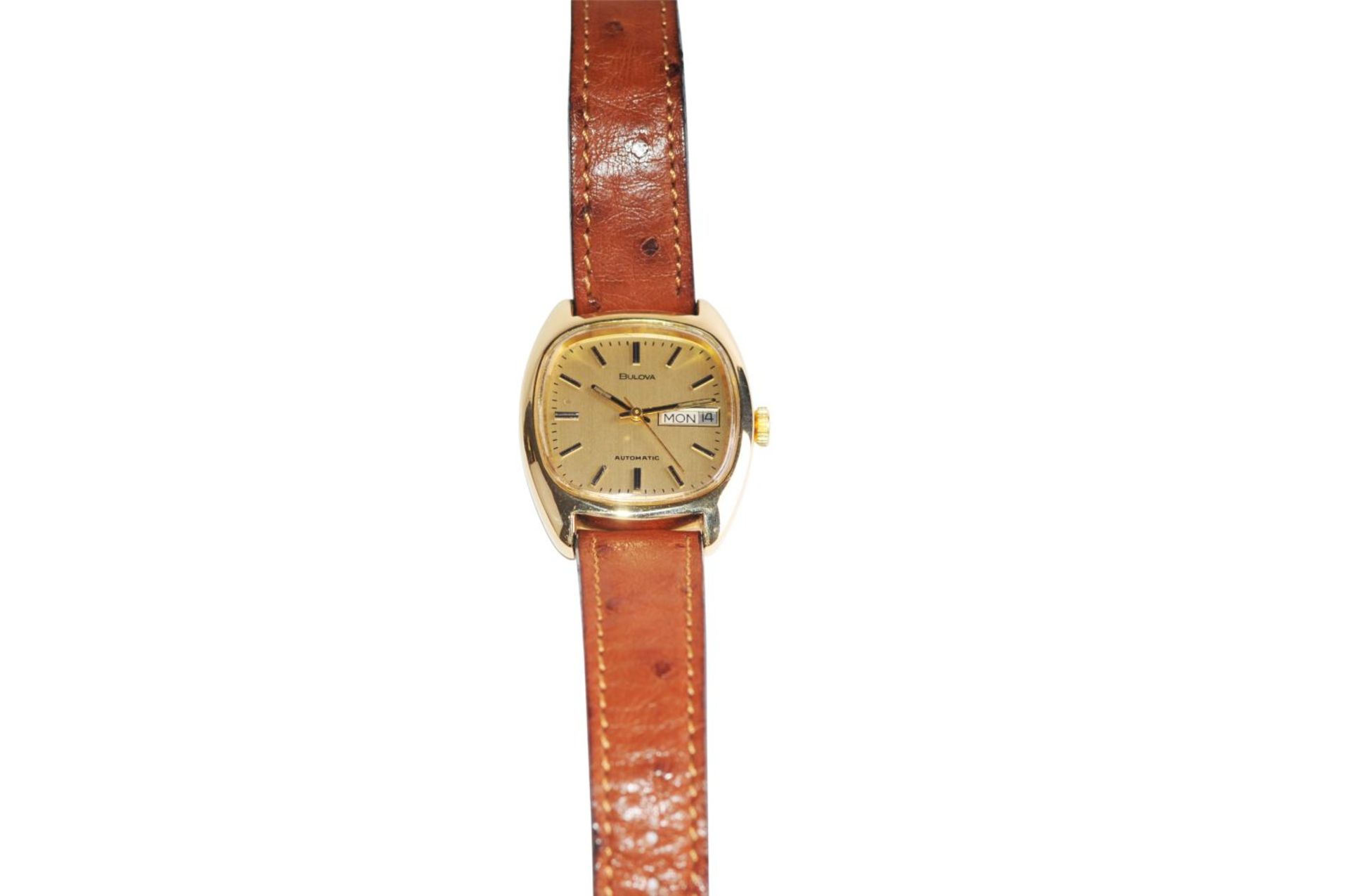 BULOVASwiss gold watch 41 mm x 34 mm 18 Kt solid case automatic day date with leather strap - Image 2 of 3