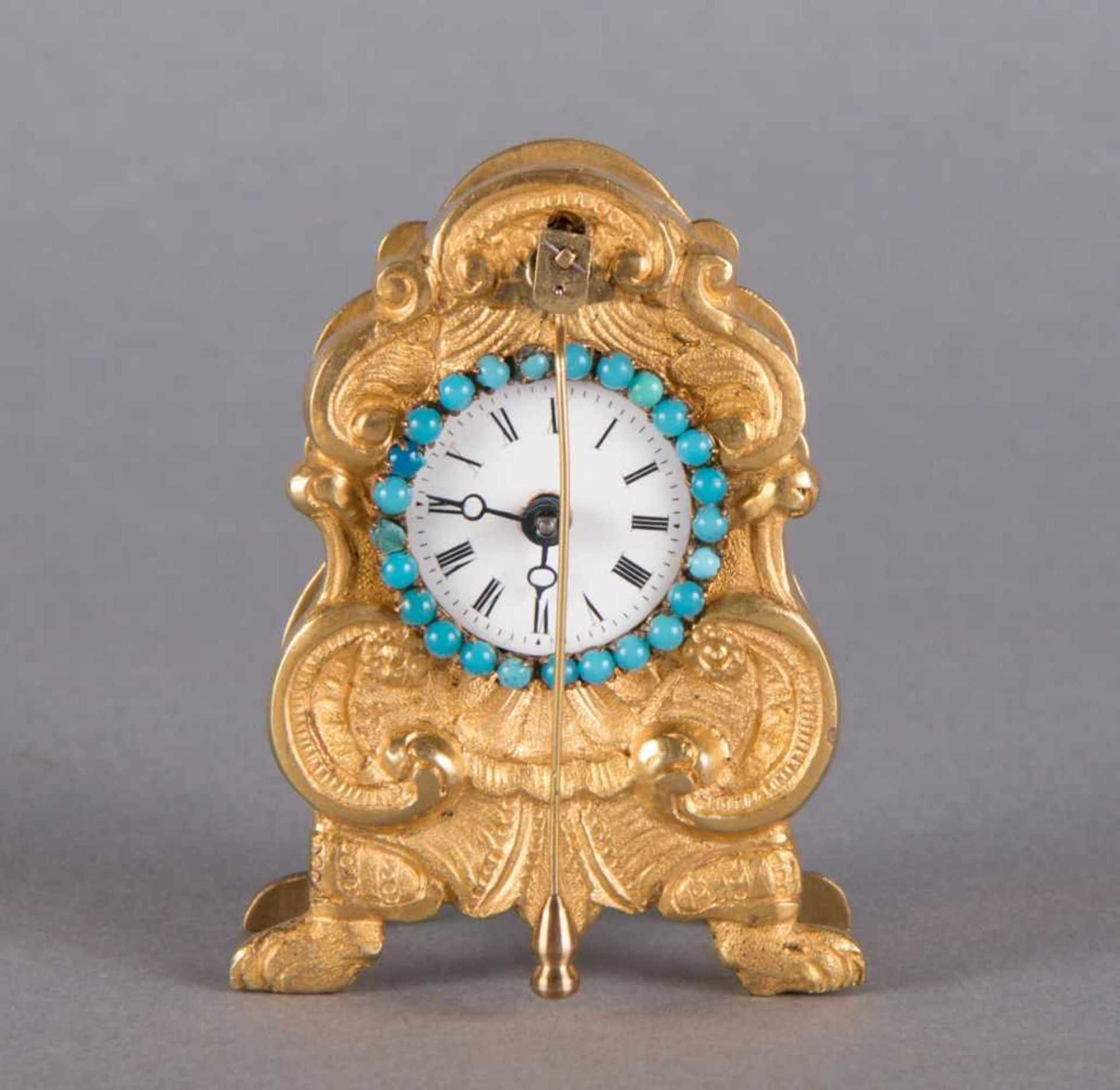 ZapplerFidget Clockaround 1830 H 6.5 cm x W 5 x D 2.3 cm gold-plated brass case, with turquoises,