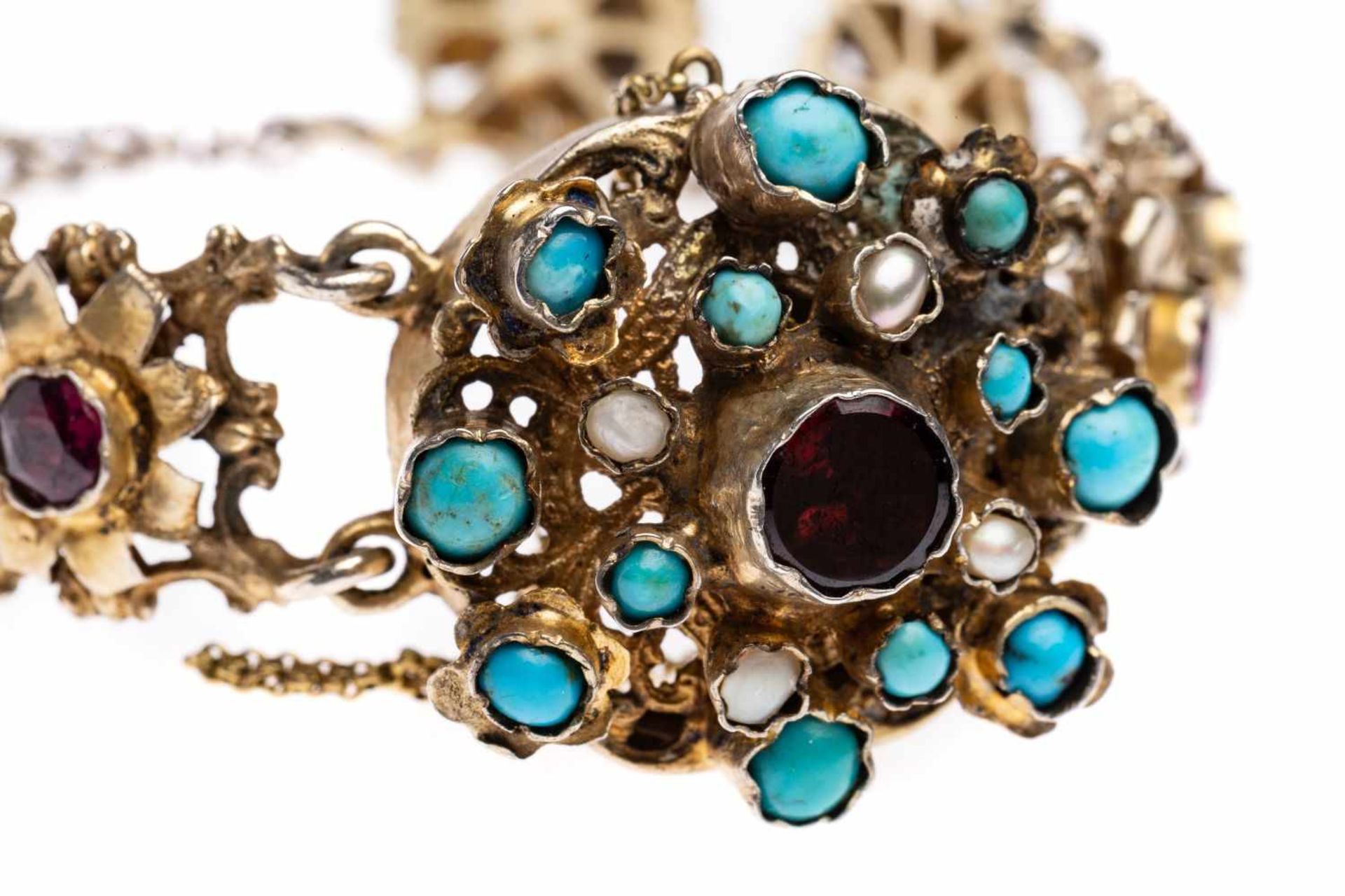 BraceletBracelt, silver, gold plated, treated Turquoise and Garnet "Neorenaissance Austria- - Bild 2 aus 3