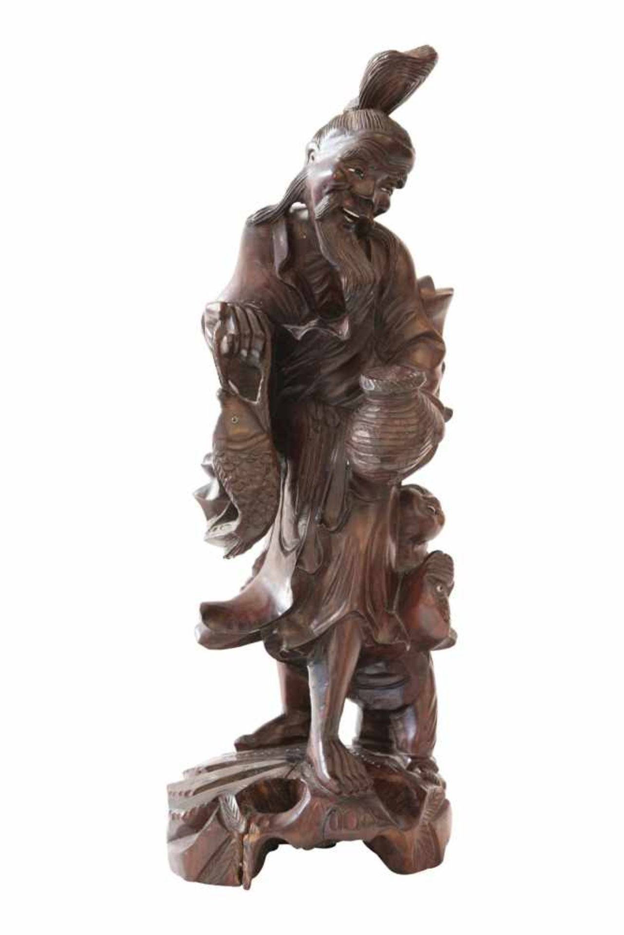 Chinesische HolzfigurHolzfigur China Mann mit Fisch und Kind an der Seite auf Holzsockel stehend, - Bild 2 aus 6