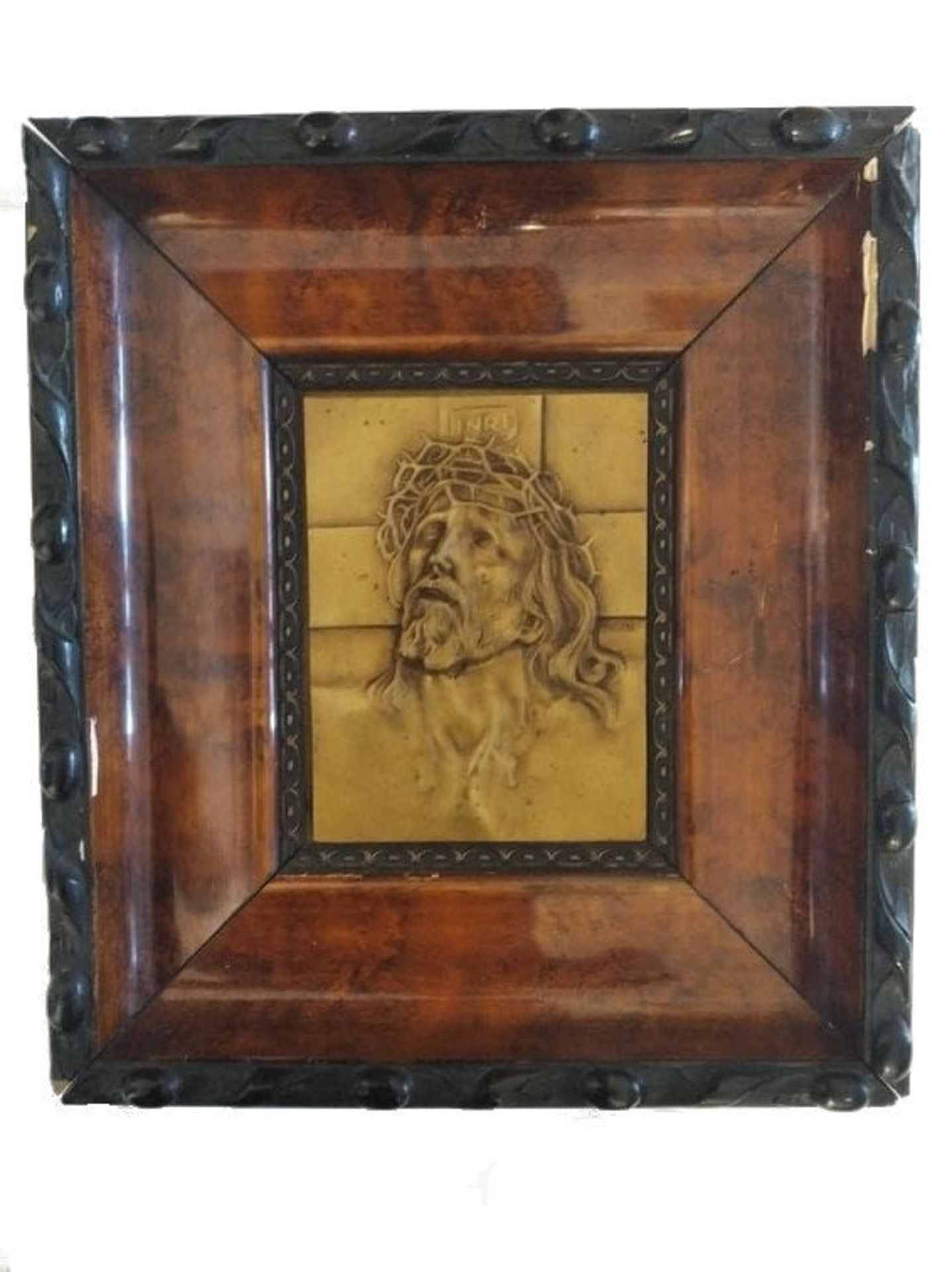 Early 19th century, Rectangular cast brass plaque depicting Jesus with thorn crown looking upward,