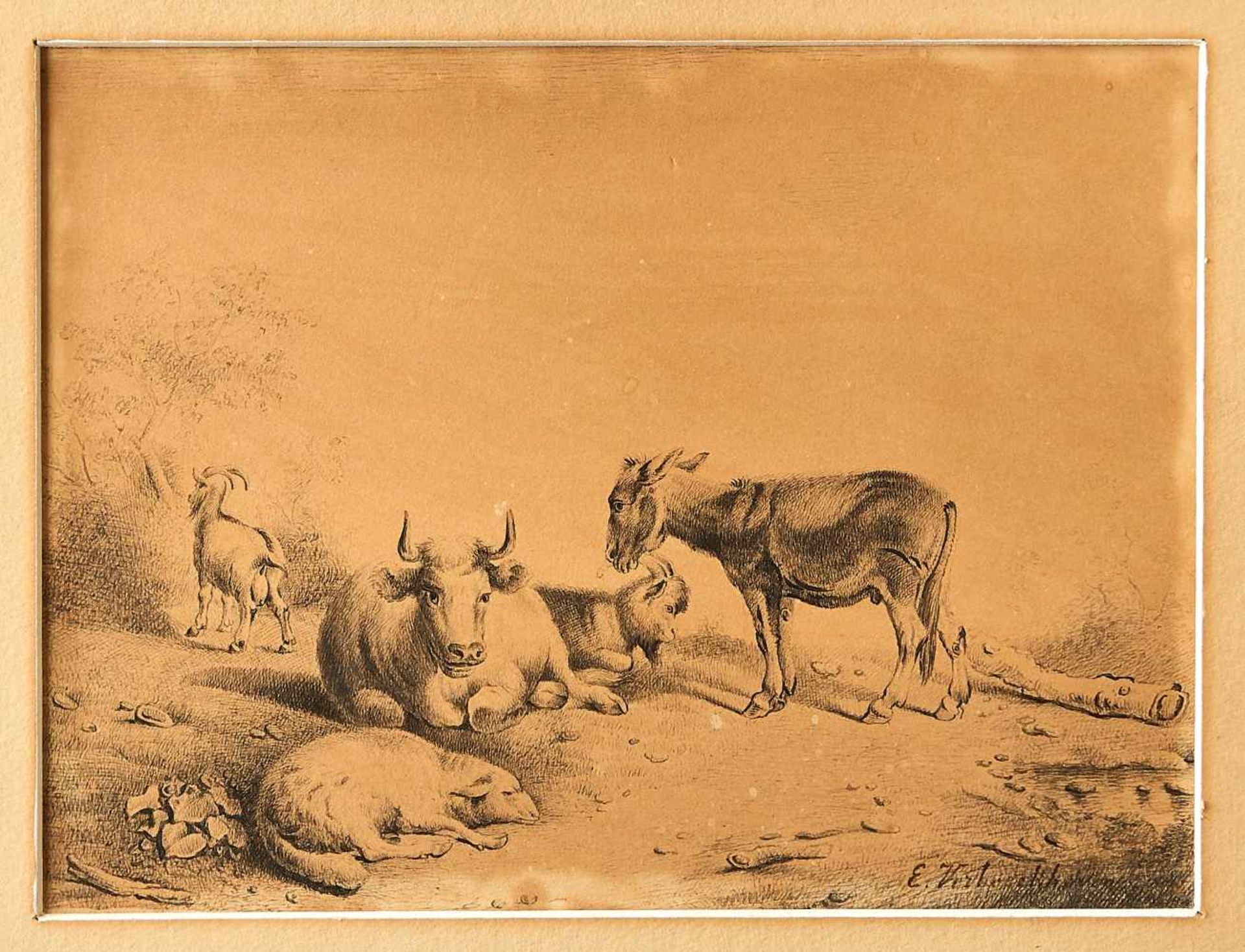 Tiere auf der WeideEugene Joseph Verboeckhoven, (1798/99-1881)Zeichnung auf Papier, rechts unten