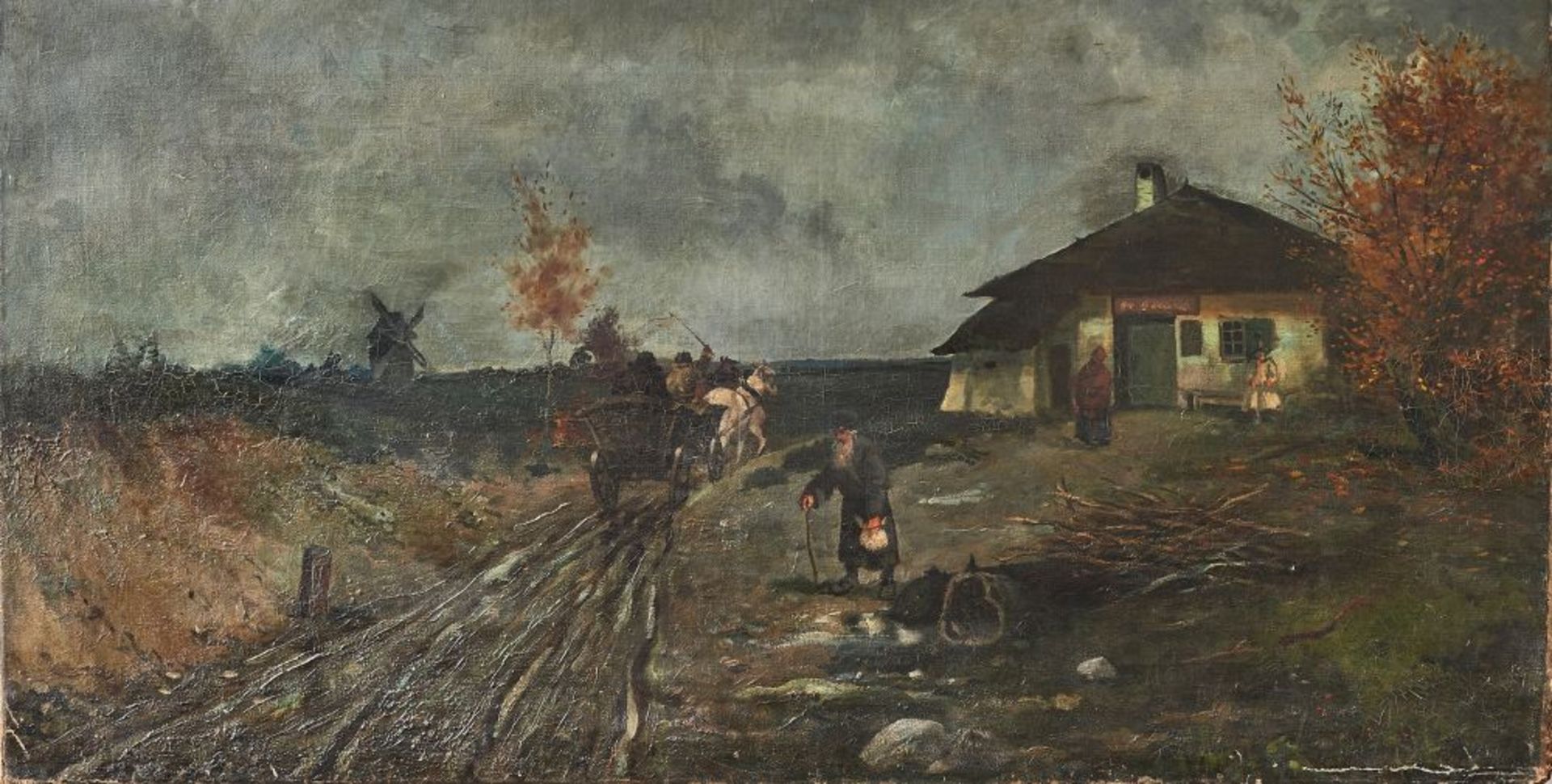Russische Landschaft mit Kutsche19. Jhdt, Öl auf Leinwand. 62 x 120 cm
