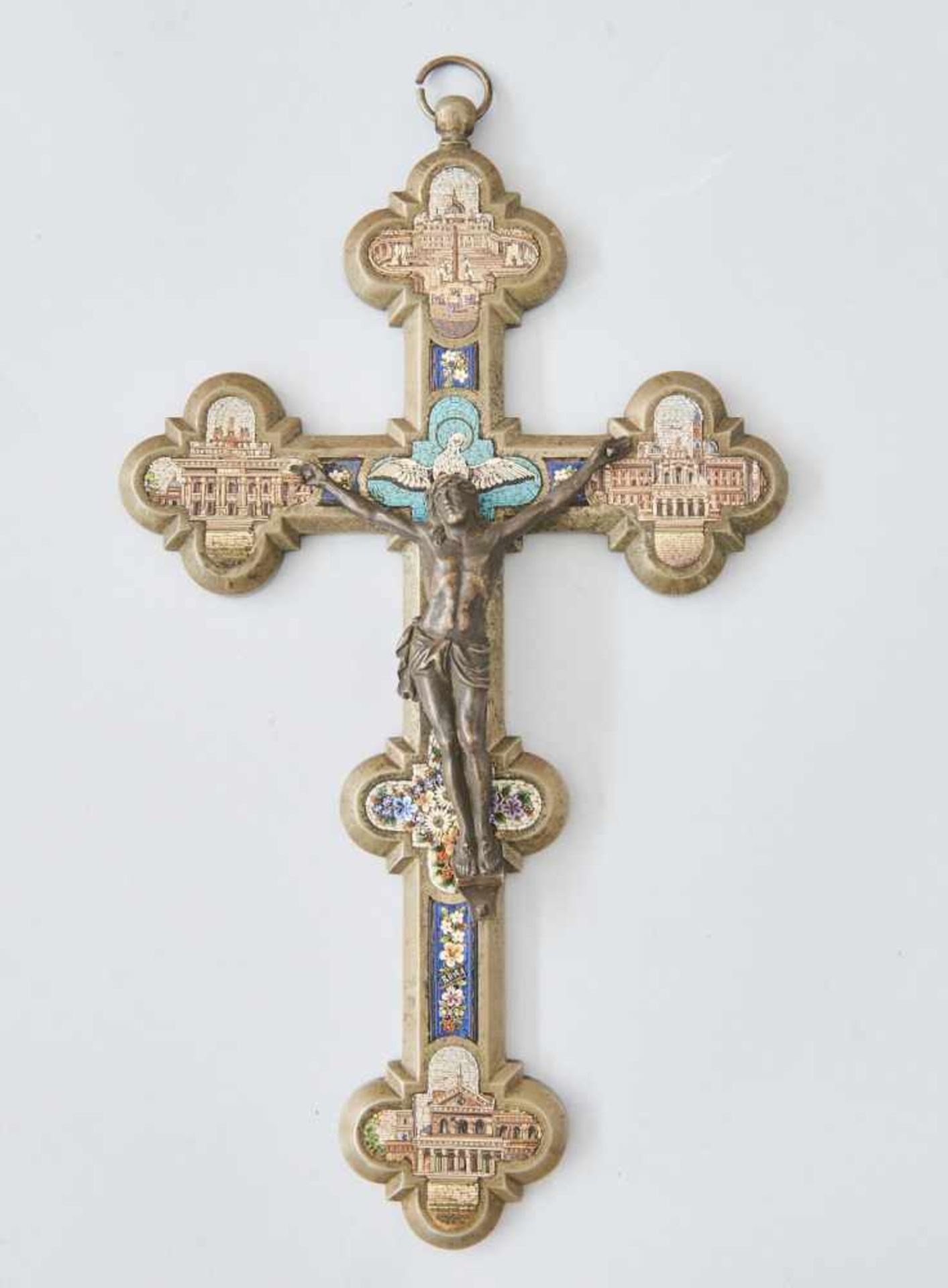 Kreuz MikromosaikRömische Darstellungen (Vatikan), Messingkreuz mit Bronzechristus, Italien/