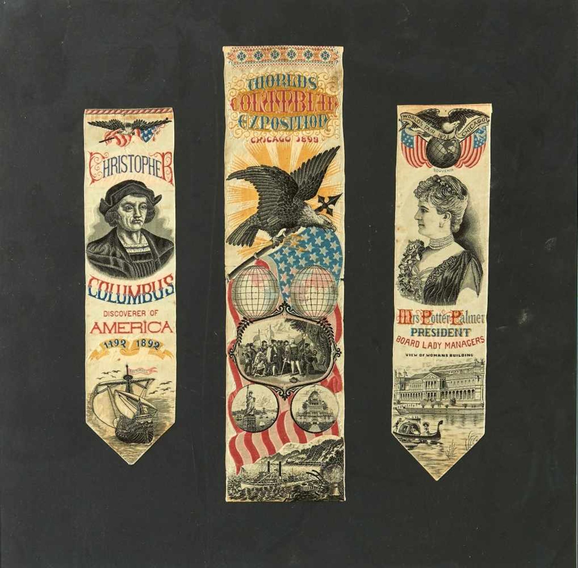 Silk Ribbon Worlds Fair 18934 Stück, zur Weltausstellung 1893, Seide, hinter Glas gerahmt. 34 x 19