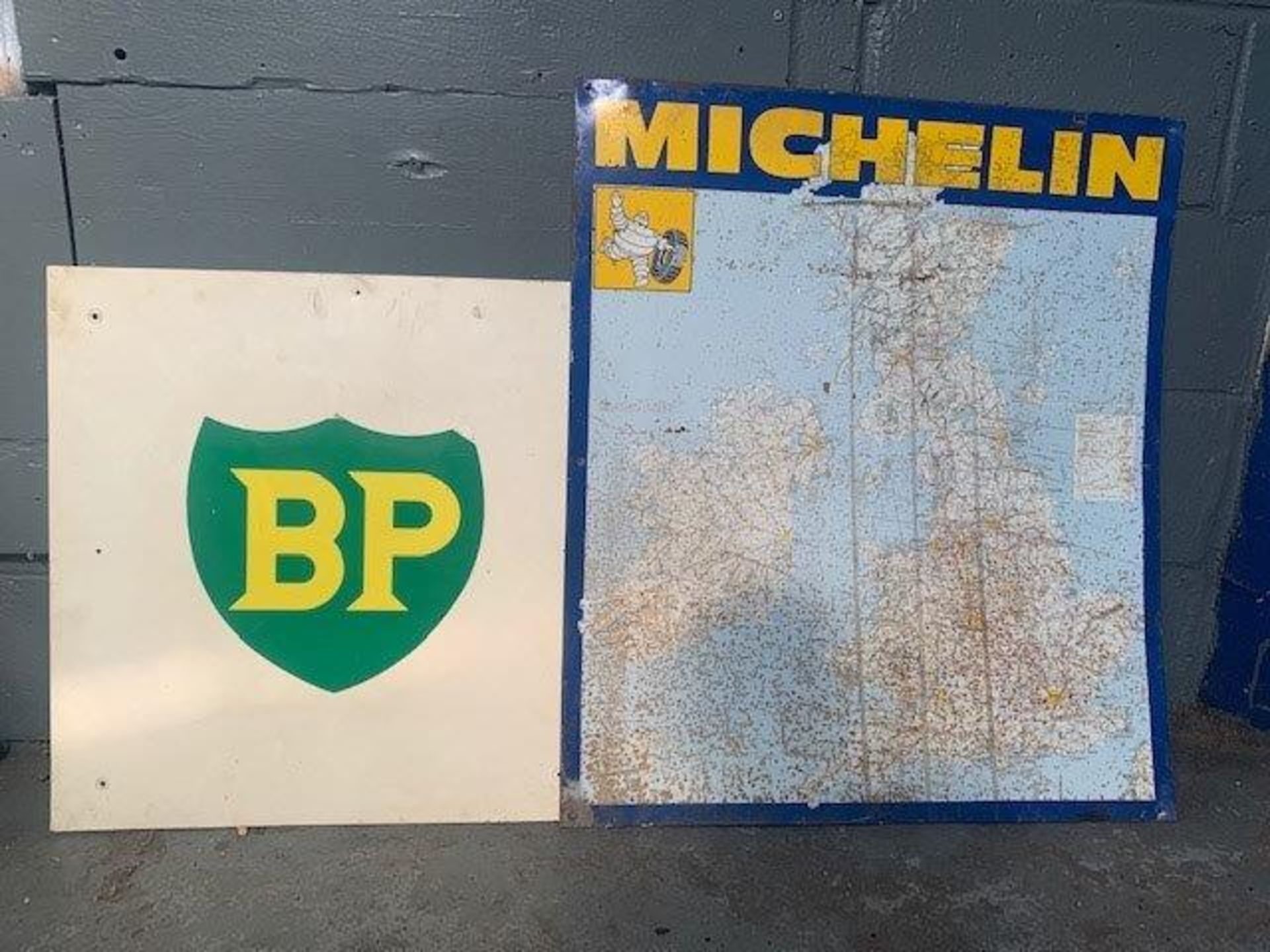 Michelin Tyres tin map sign and a BP sign
