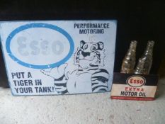 2 Modern tin Esso signs and 3 vintage oil bottles