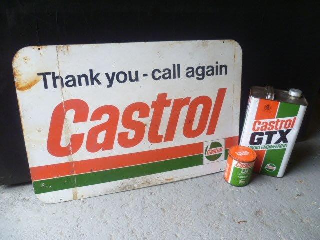 Castrol aluminium sign with 2 castrol cans