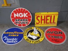 4 modern circular advertising signs and a coach painted Shell sign