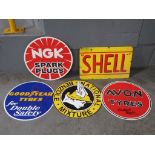 4 modern circular advertising signs and a coach painted Shell sign