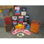 Large quantity of oil cans, fuel cans, Large Carburol Super Can and Rally Plaques