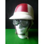 Vintage Compton Racing Helmet with Goggles on Display Head
