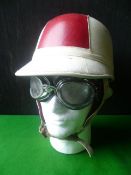 Vintage Compton Racing Helmet with Goggles on Display Head