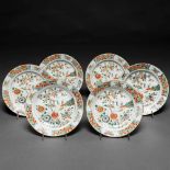 Conjunto de seis platos en porcelana china familia verde. Trabajo Chino, Siglo XIX