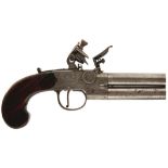 A 54-BORE FLINTLOCK OVER AND UNDER TAP ACTION PISTOL BY TWIGG, 3inch turn-off barrels, border