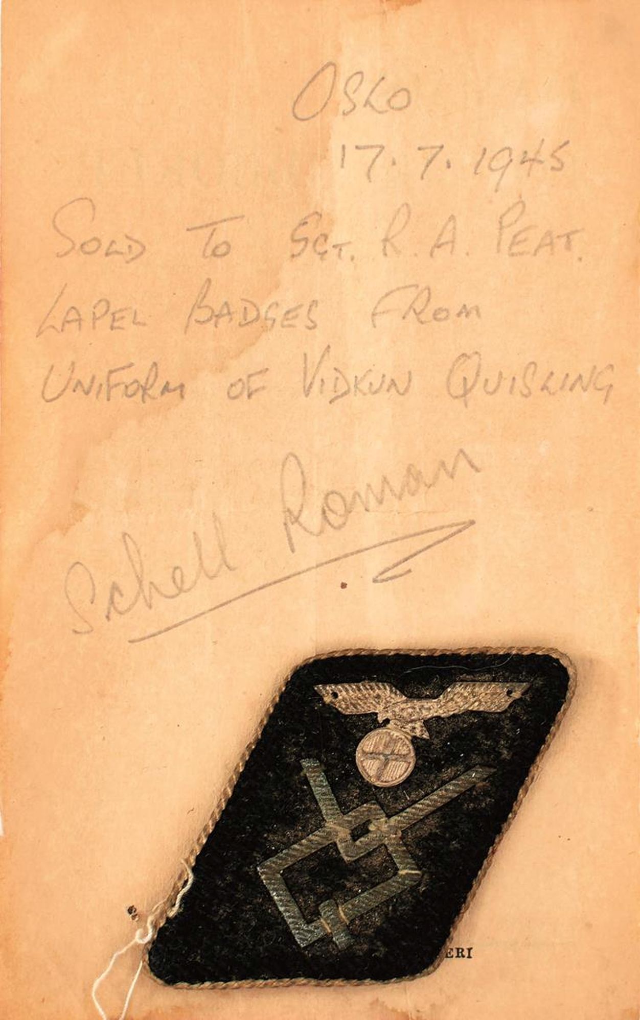 LAPEL BADGE INSIGNIA OF VIDKUN QUISLING, comprising one full collar tab, a backing plate and metal