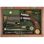 A GOOD CASED 88-BORE SIX-SHOT PERCUSSION PEPPERBOX REVOLVER BY HARKOM OF EDINBURGH, 3inch fluted