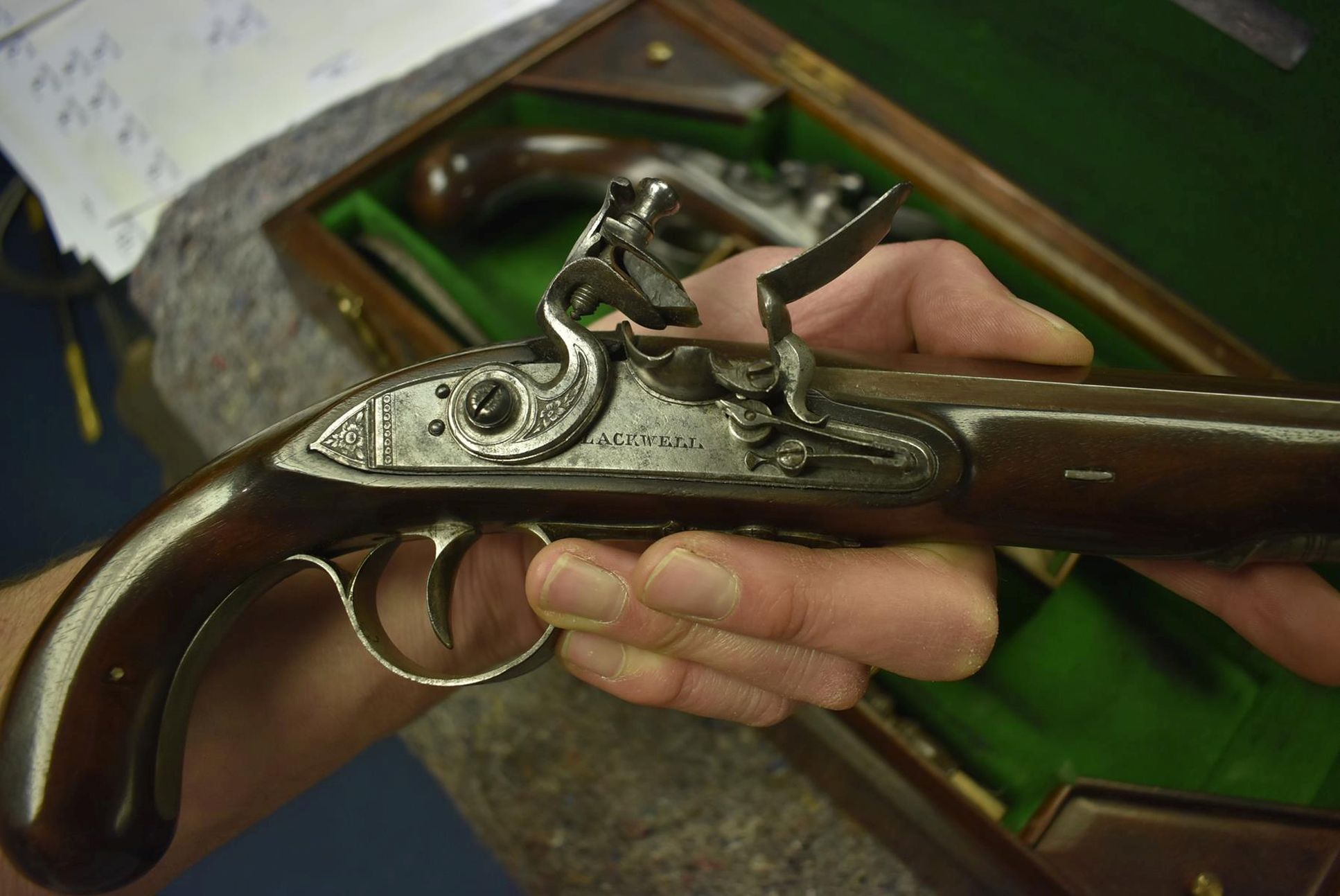 A CASED PAIR OF 18-BORE FLINTLOCK DUELLING PISTOLS BY BLACKWELL OF DUBLIN, 9.5inch sighted octagonal - Image 15 of 16