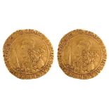CHARLES I, gold unite or twenty shillings, 1643 Oxford mint mark, 9g, good VF but weak on bust and