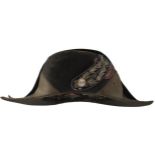 A 19TH CENTURY FRENCH BICORN HAT AND CASE, of characteristic form, the interior bearing maker's