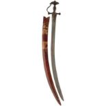 A 19TH CENTURY TULWAR, 77.5cm curved blade, probably damascus and double edged towards the tip,