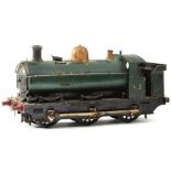 AN EARLY LARGE SCALE ELECTRIC STEAM LOCOMOTIVE AND CARRIAGES, the green painted body bearing the