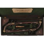 A CASED PAIR OF 16-BORE SILVER MOUNTED PRESENTATION QUALITY FLINTLOCK DUELLING PISTOLS BY H.W.