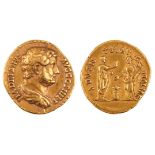 HADRIAN (AD117-138) AV AUREUS, travel series issue, rev with bust facing right, obv with Hadrian