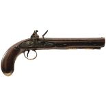 A 15-BORE FLINTLOCK LIVERY OR HOLSTER PISTOL BY TOMLINSON, 9inch sighted damascus barrel engraved